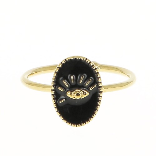 Bague ovale réglable en laiton avec résine époxy - motif oeil - Doré à l'or fin - Noir x1