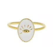 Bague ovale réglable avec résine époxy - motif oeil - Doré à l'or fin - Blanc x1