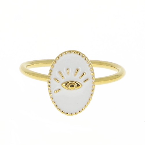 Bague ovale réglable avec résine époxy - motif oeil - Doré à l'or fin - Blanc x1
