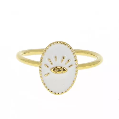 Bague ovale réglable avec résine époxy - motif oeil  - Doré à l'or fin - Blanc x1