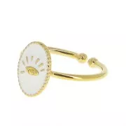 Bague ovale réglable avec résine époxy - motif oeil - Doré à l'or fin - Blanc x1