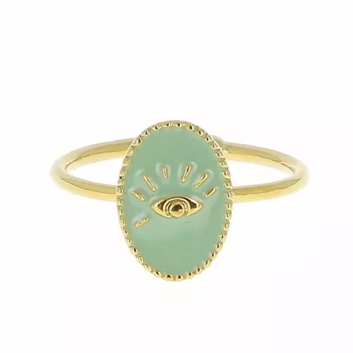 Bague ovale réglable avec résine époxy - motif oeil - Doré à l'Or Fin - Mint x1