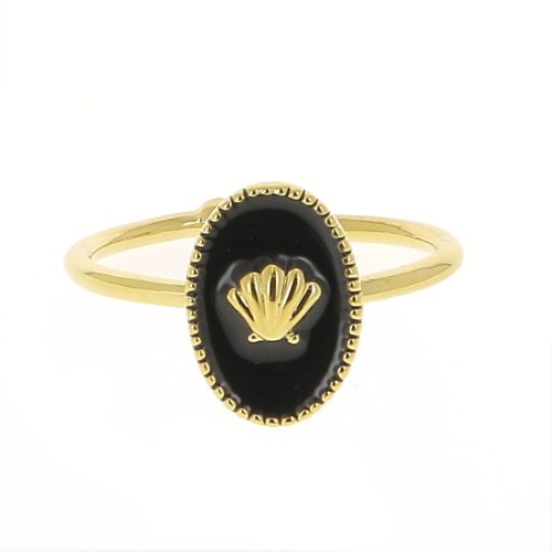 Bague ovale réglable - résine époxy - motif coquillage - Doré à l'Or Fin - Noir x1