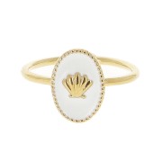 Bague ovale réglable résine époxy - motif coquillage -Doré à l'Or Fin - Blanc x1|raw }}