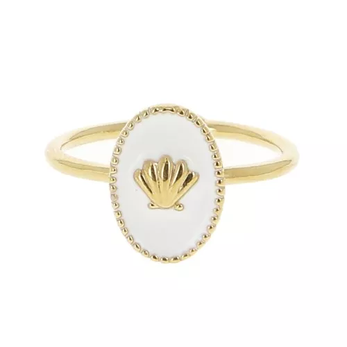 Bague ovale réglable résine époxy - motif coquillage -Doré à l'Or Fin - Blanc x1