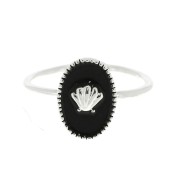Bague ovale réglable avec résine époxy - coquillage - Placage argent fin - Noir x1