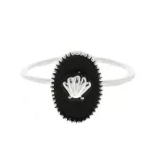 Bague ovale réglable avec résine époxy - coquillage - Placage argent fin - Noir x1