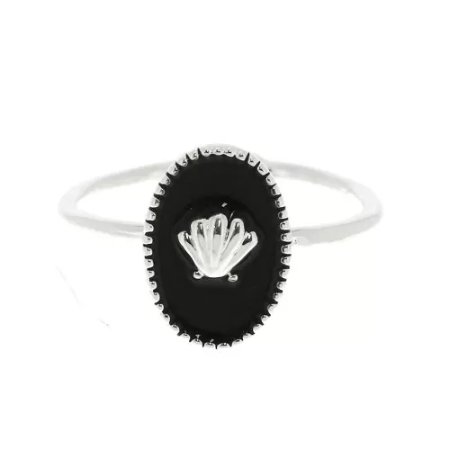 Bague ovale réglable avec résine époxy - coquillage - Placage argent fin - Noir x1