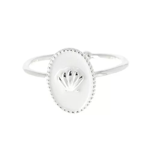 Bague ovale réglable avec résine époxy - coquillage - Placage argent fin - Blanc x1