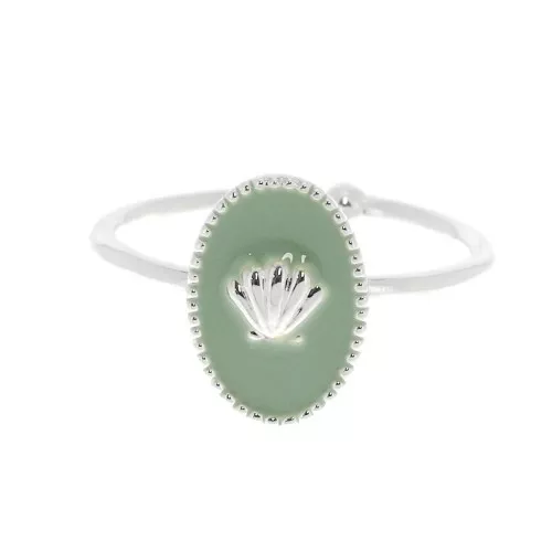 Bague ovale réglable avec résine époxy - coquillage - Placage argent fin - Mint x1