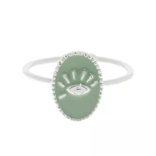 Bague ovale réglable avec résine époxy - oeil - Placage argent fin - Mint x1