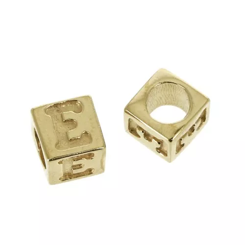 Perle lettre alphabet cube 5 mm avec gros trou - E - Plaqué Or 3 microns x1
