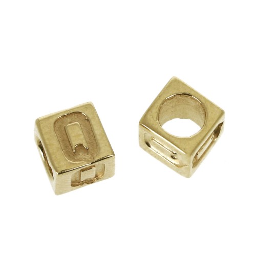 Perle lettre alphabet cube 5 mm avec gros trou - Q - Plaqué Or 3 microns x1