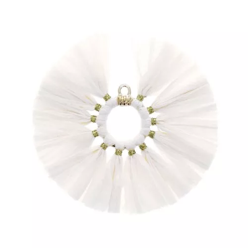 Pendentif éventail avec pompons en raphia 53 mm - Blanc - Doré x1