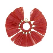 Pendentif éventail avec pompons en raphia 53 mm - Rouge - Doré x1
