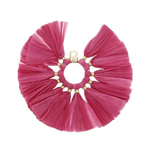 Pendentif éventail avec pompons en raphia 53mm - Framboise - Doré x1