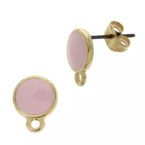 Clous d'oreilles rond en résine époxy 11.5x9 mm Doré à l'or fin - Rose x2