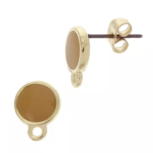 Clous d'oreilles rond en résine époxy 11.5x9 mm Doré à l'or fin - Moutarde x2