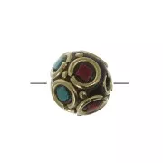 Perle ronde tibétaine ethnique 10 mm Rouge - Turquoise x1