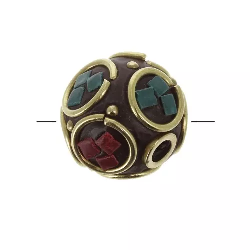 Perle ronde tibétaine ethnique 14 mm Rouge - Turquoise x1
