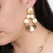 Perle ronde tibétaine ethnique 14 mm Rouge - Turquoise x1