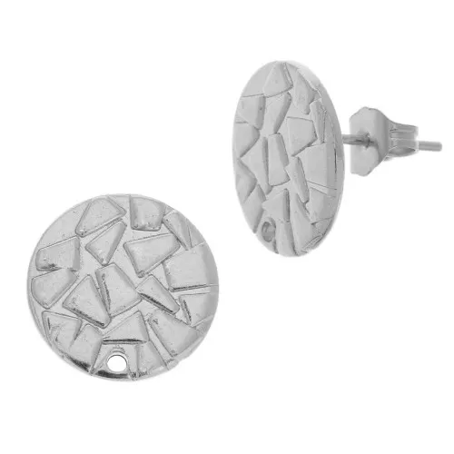 Clous d'oreilles disque martelé avec un trou 15 mm - Rhodié x2