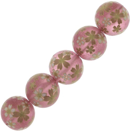Perle japonaise Tensha en résine - Decal Miyuki 14 mm Rose transparent - Doré x1
