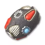 Olive incrustée de perles 22x15 mm Turquoise/Corail x1