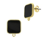Clous d'oreilles carré en résine époxy 17x15 mm - Doré à l'or fin - Noir x2|raw }}