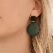 Clous d'oreilles carré en résine époxy 17x15 mm - Doré à l'or fin - Noir x2