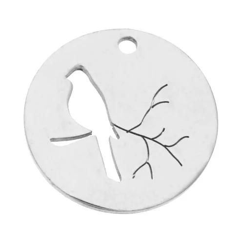 Breloque ronde ajourée oiseau 20 mm - Acier inoxydable x1