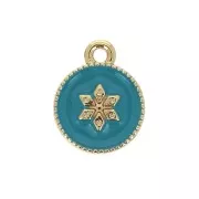 Breloque ronde travaillée motif étoile en résine époxy 12x10mm Doré - Turquoise x1