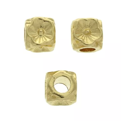 Perle cube - motif fleur 5 mm - Doré à l'or fin x1
