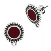 Clous d'oreilles rond ethnique et résine époxy 18x15 mm Placage Argent fin vieilli - Rouge x2