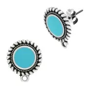 Clous d'oreilles rond ethnique & résine époxy 18x15mm Placage Argent fin vieilli - Turquoise