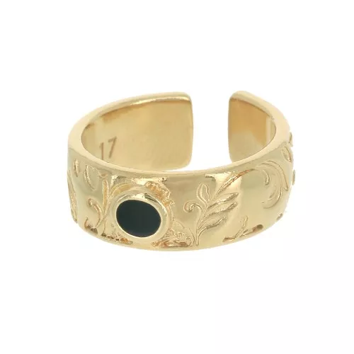 Bague réglable - gravure feuille et résine époxy - Doré à l'or fin - Noir x1