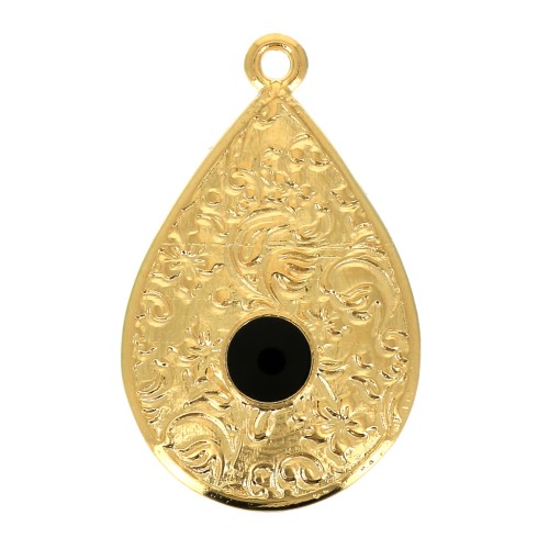 Pendentif goutte motif floral et résine époxy 28x17 mm - Doré à l'or fin - Noir x1