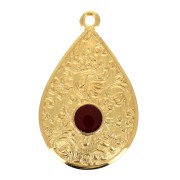 Pendentif goutte motif floral et résine époxy 28x17mm - Doré à l'or fin - Rouge x1