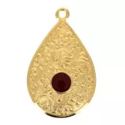 Pendentif goutte motif floral et résine époxy 28x17mm - Doré à l'or fin - Rouge x1