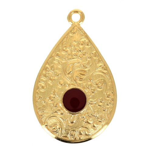 Pendentif goutte motif floral et résine époxy 28x17mm - Doré à l'or fin - Rouge x1