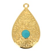 Pendentif goutte motif floral & résine époxy 28x17 mm Doré à l'or fin - Turquoise