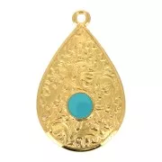 Pendentif goutte motif floral & résine époxy 28x17 mm Doré à l'or fin - Turquoise