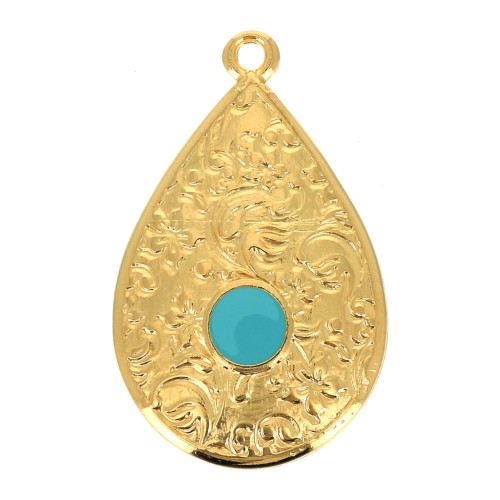 Pendentif goutte motif floral & résine époxy 28x17 mm Doré à l'or fin - Turquoise