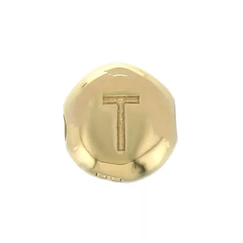 Perle plate ronde - lettre alphabet - 6 mm - T - Plaqué Or 3 microns x1