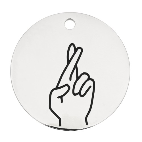 Pendentif rond motif doigts croisés 25 mm - Acier inoxydable 316L x1