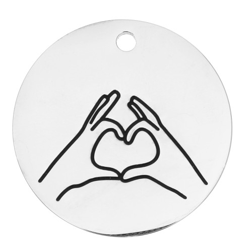 Pendentif rond motif coeur avec les mains 25 mm - Acier inoxydable 316L x1