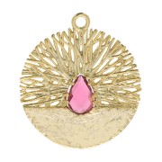 Pendentif rond travaillé avec oxyde de zirconium 21x19 mm - Doré - Rouge x1|raw }}
