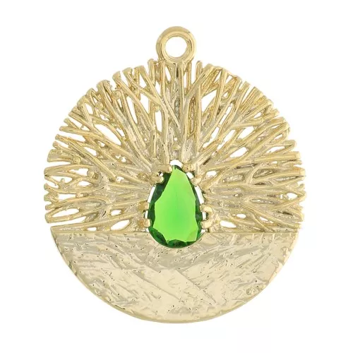 Pendentif rond travaillé avec oxyde de zirconium 21x19 mm - Doré - Vert x1