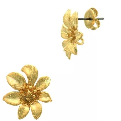 Clous d'oreilles fleur 15.5 mm avec anneau ouvert - Doré à l'or fin x2