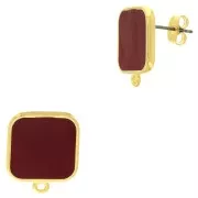 Clous d'oreilles carré en résine époxy 17x15 mm - Doré à l'or fin - Rouge x2